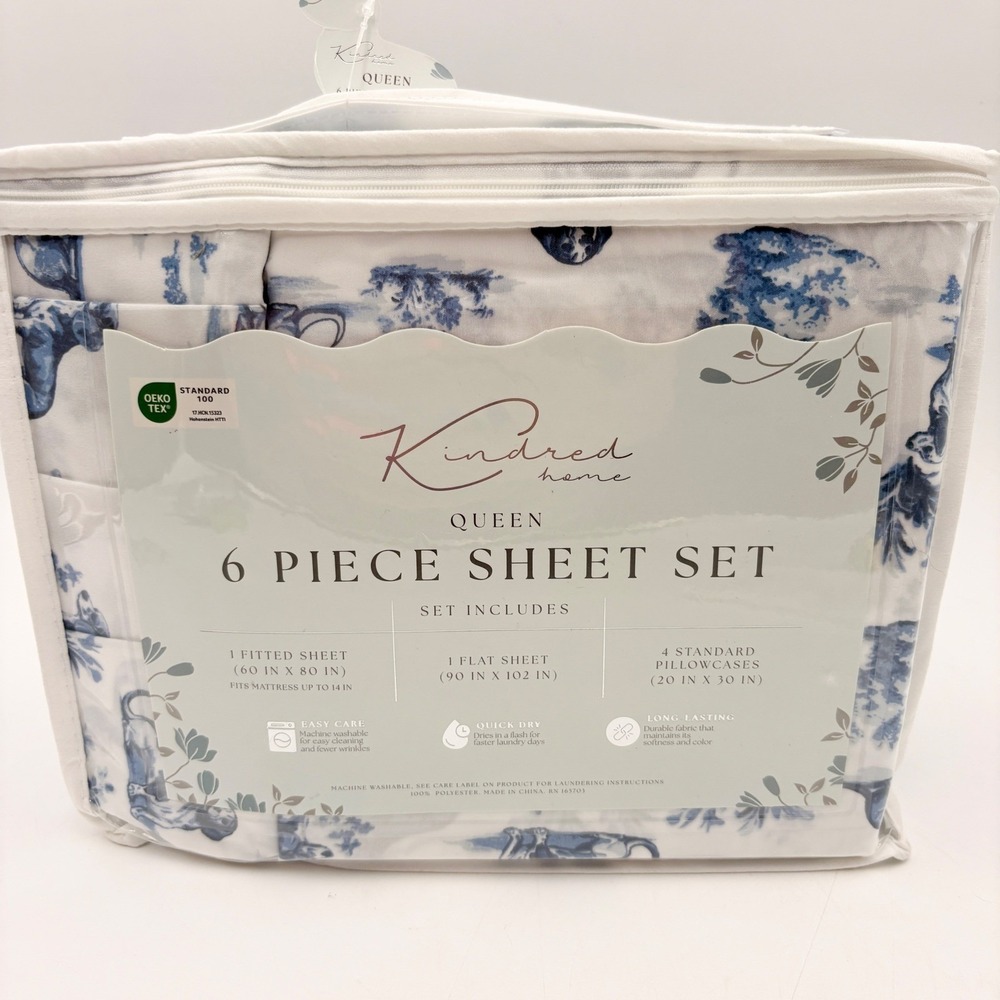 Kindred Home Queen 6 Piece Sheet Set Blue White Dachshund Doxie Dog Toile - Picture 4 of 6